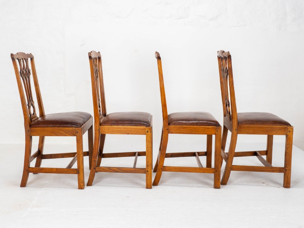 Georgian Chippendale Country Vernacular Style Elm & Leather Set of 4 Dining Chairs View IX