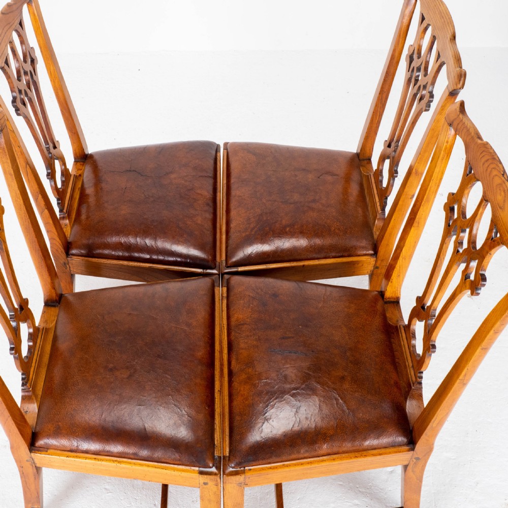 Georgian Chippendale Country Vernacular Style Elm & Leather Set of 4 Dining Chairs View X