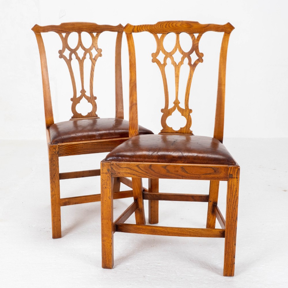 Georgian Chippendale Country Vernacular Style Elm & Leather Set of 4 Dining Chairs View XI