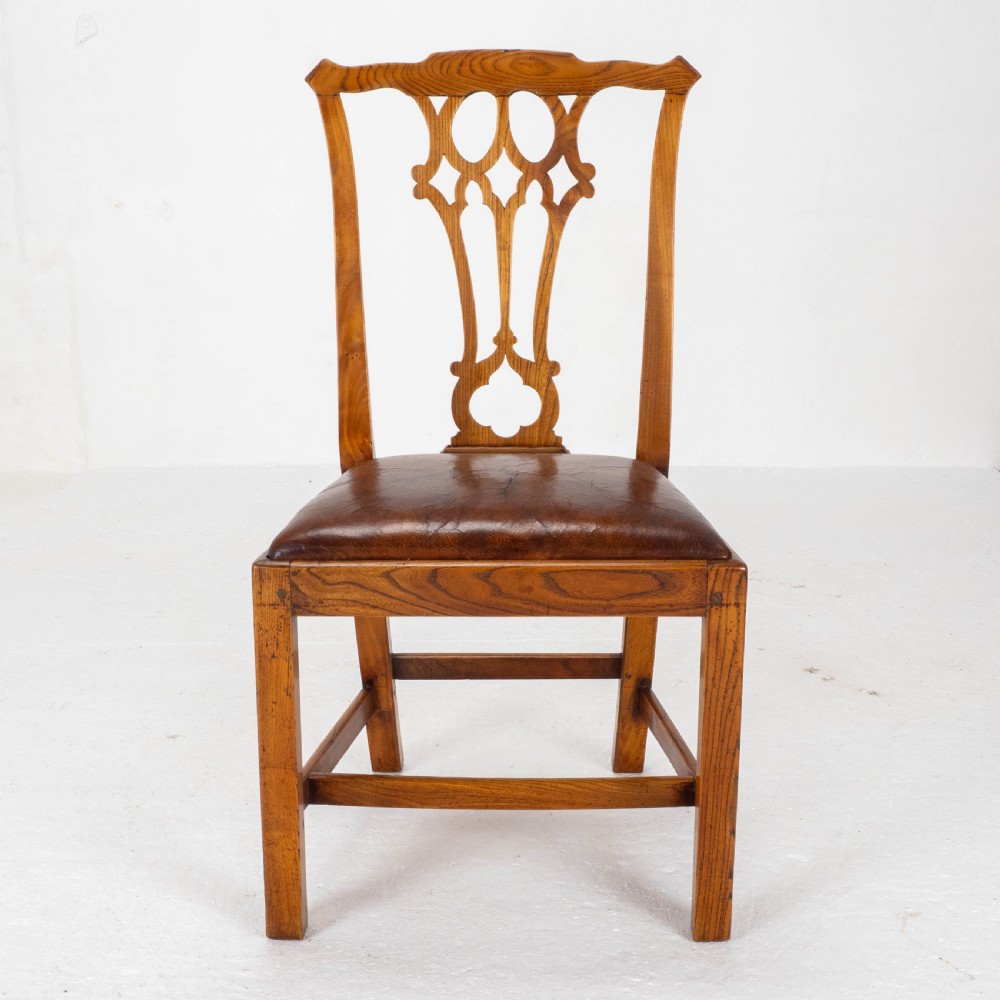 Georgian Chippendale Country Vernacular Style Elm & Leather Set of 4 Dining Chairs View XIV