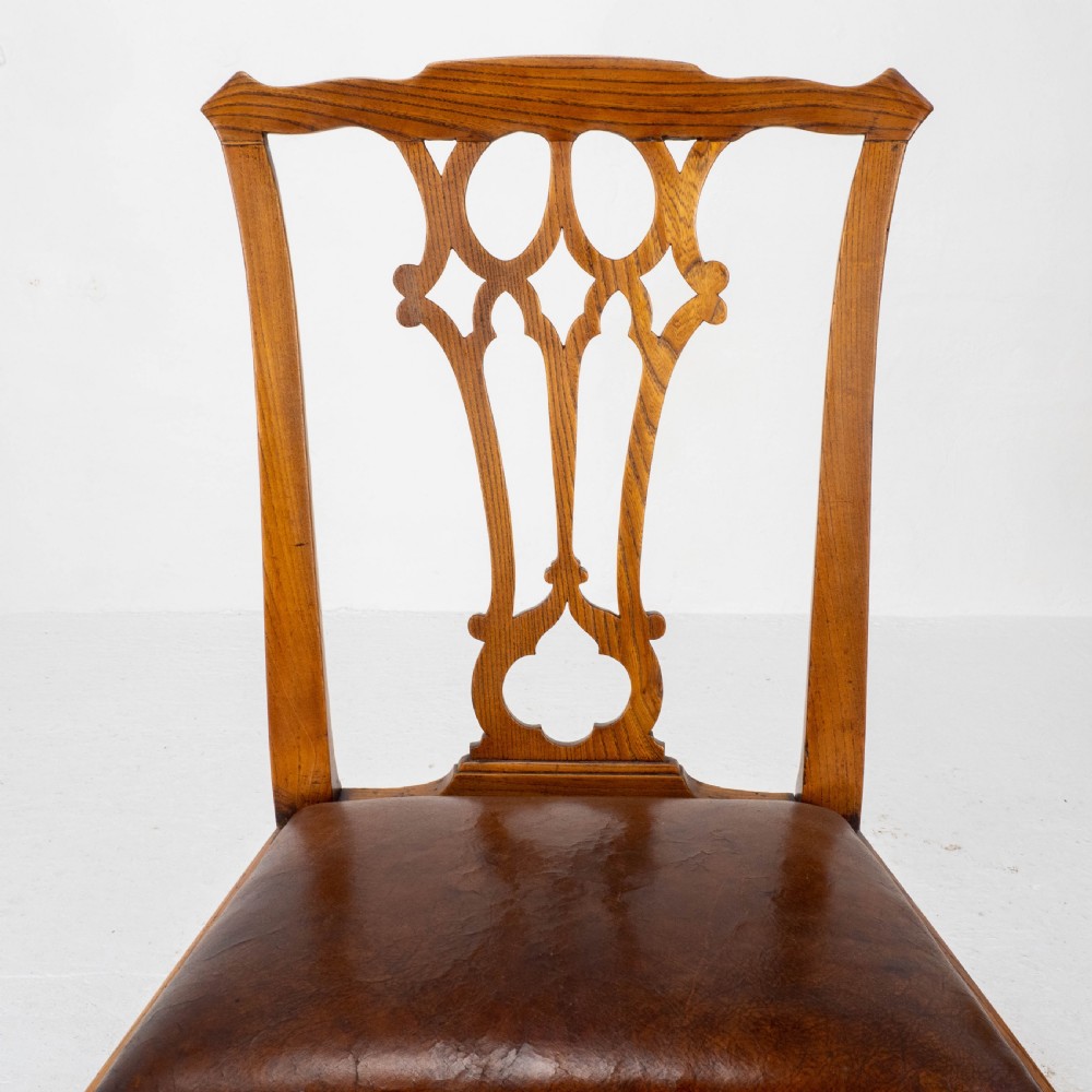 Georgian Chippendale Country Vernacular Style Elm & Leather Set of 4 Dining Chairs View XV