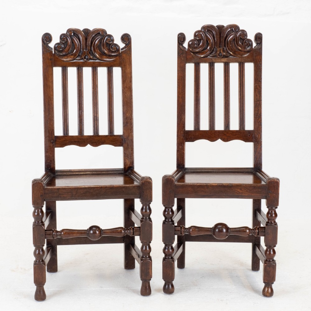 Carolean C17th Pair of Carved High Back Oak Side Chairs (Country Jacobean) View II