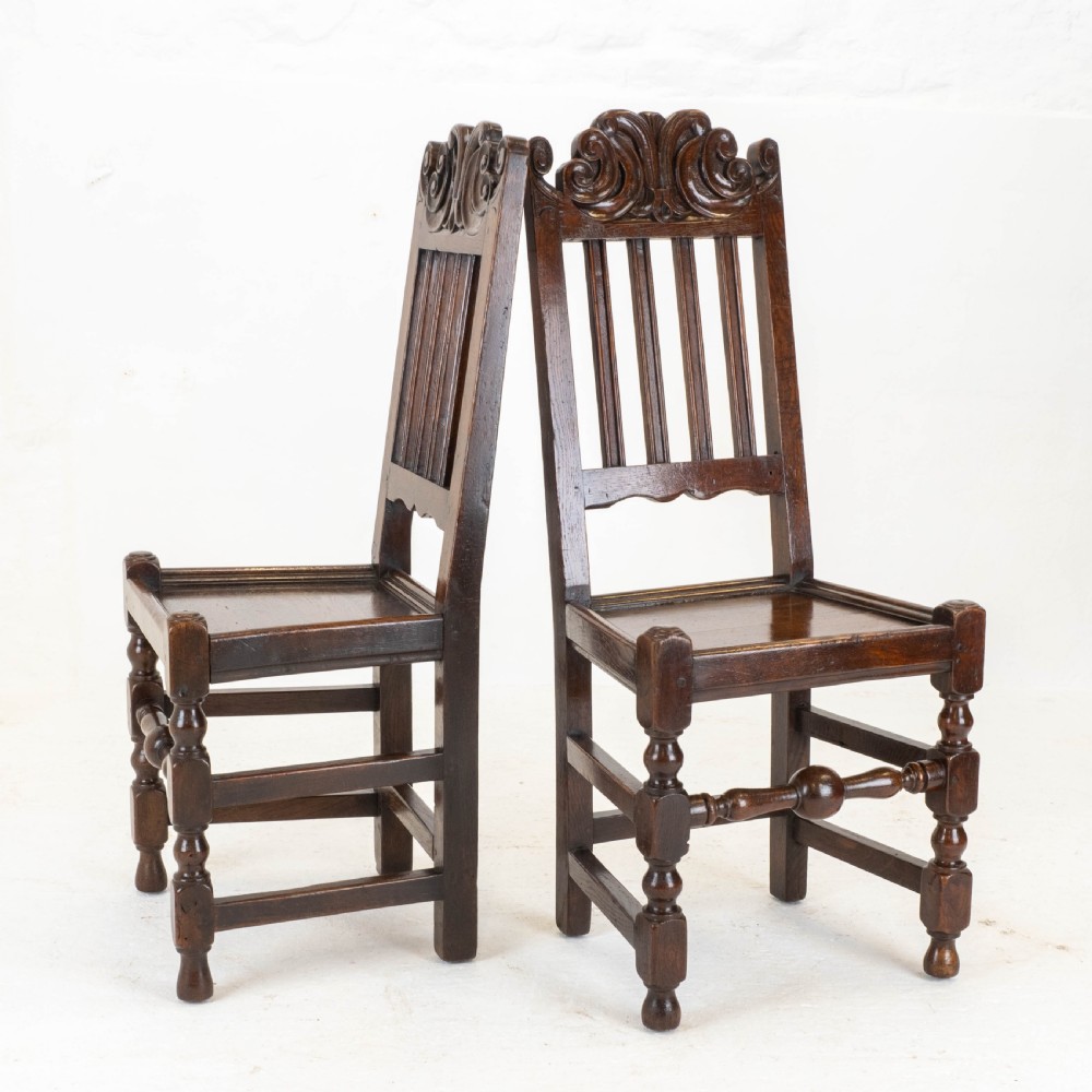 Carolean C17th Pair of Carved High Back Oak Side Chairs (Country Jacobean) View III