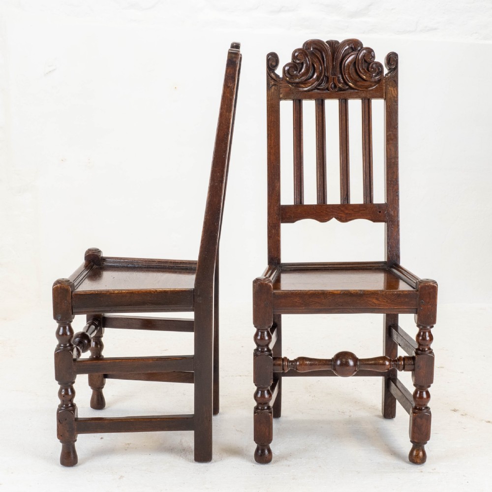 Carolean C17th Pair of Carved High Back Oak Side Chairs (Country Jacobean) View IV