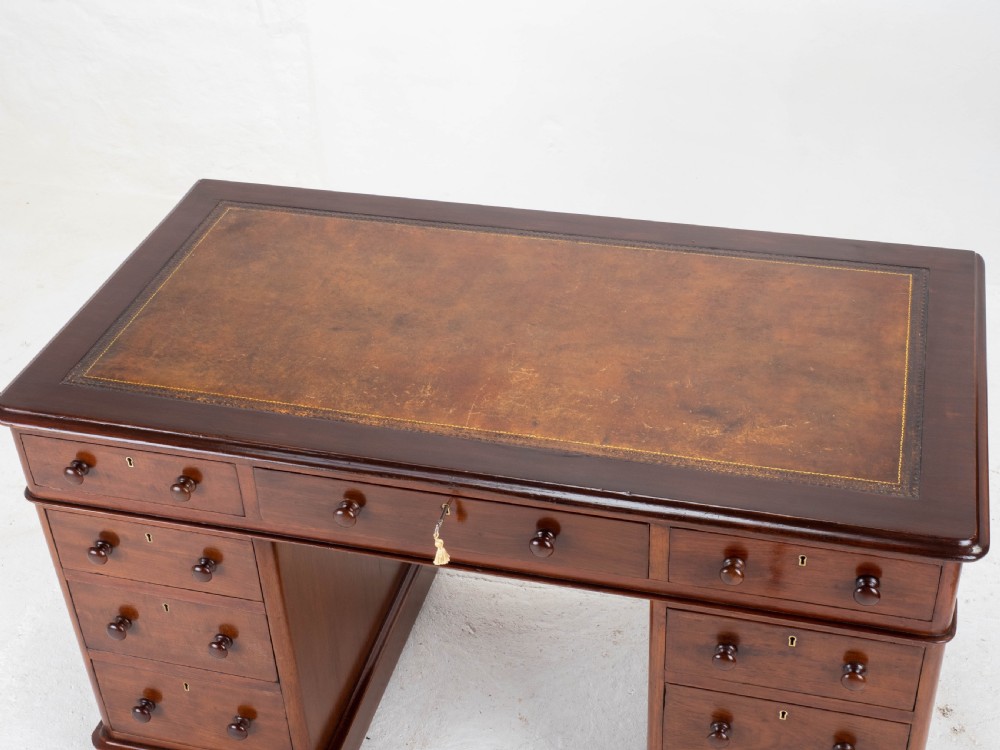 Victorian Mahogany Pedestal Desk with Leather Skiver View X