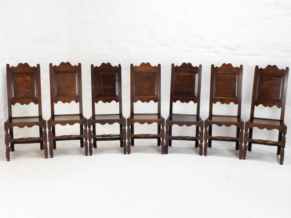 C17th Set of 7 Oak High Back Dining Chairs (6 + 1 Jacobean Carolean Back Stool) View III