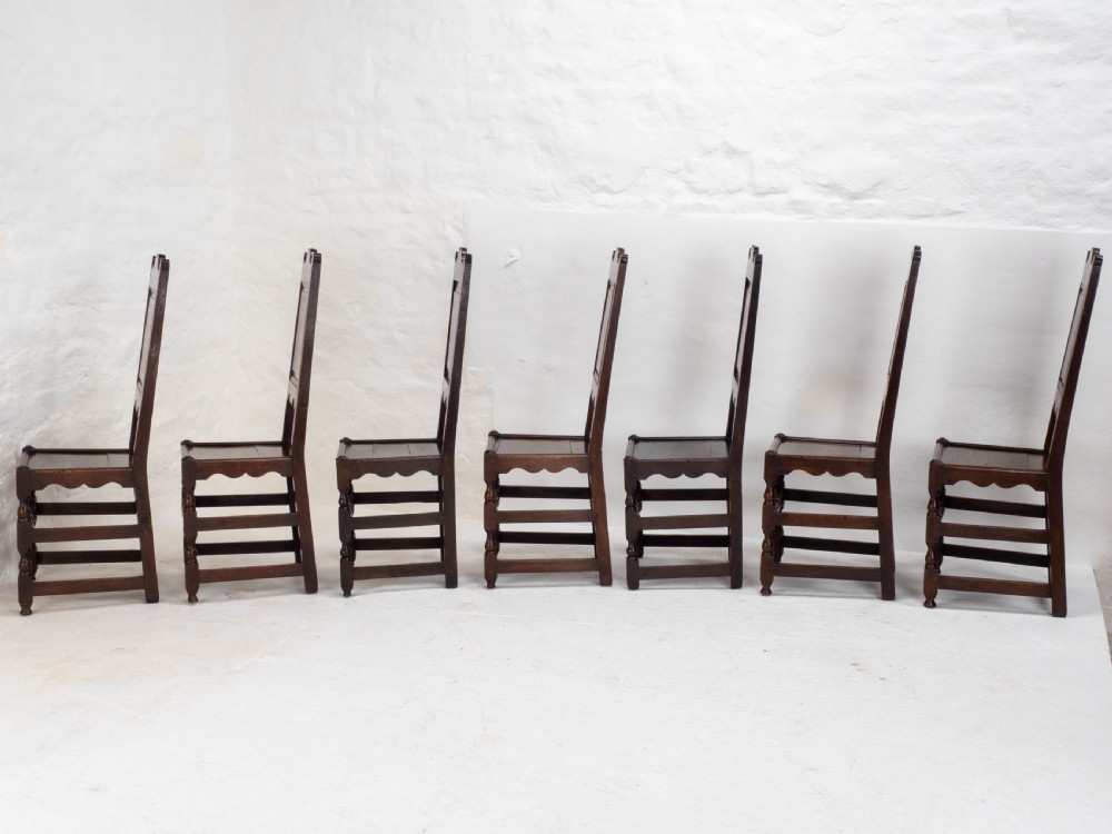 C17th Set of 7 Oak High Back Dining Chairs (6 + 1 Jacobean Carolean Back Stool) View IV