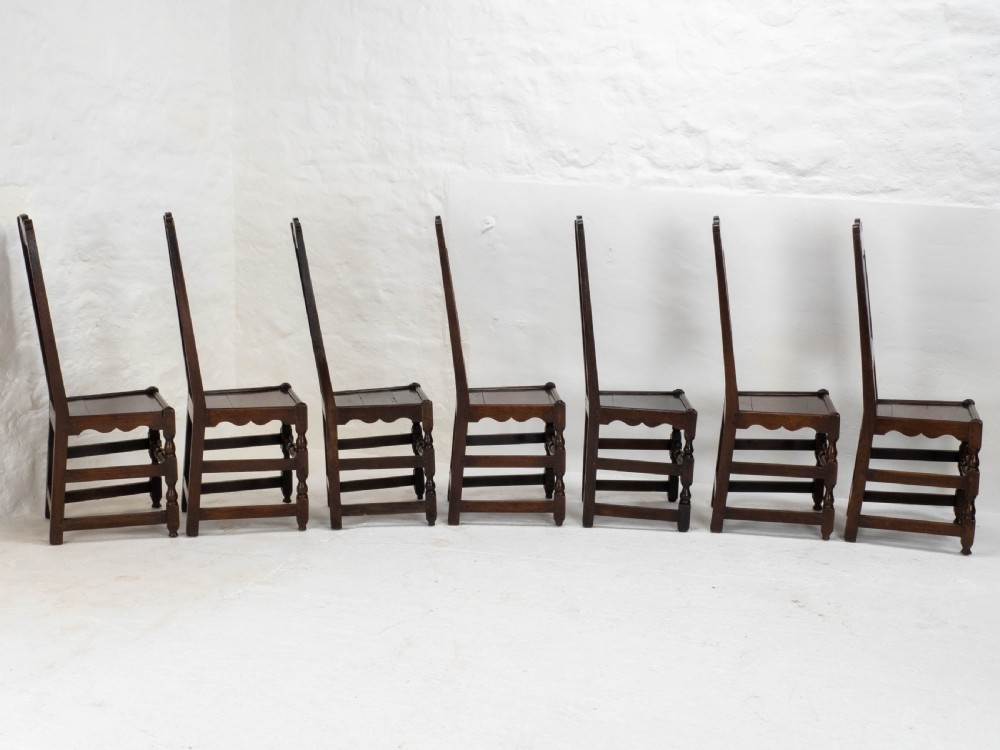 C17th Set of 7 Oak High Back Dining Chairs (6 + 1 Jacobean Carolean Back Stool) View V