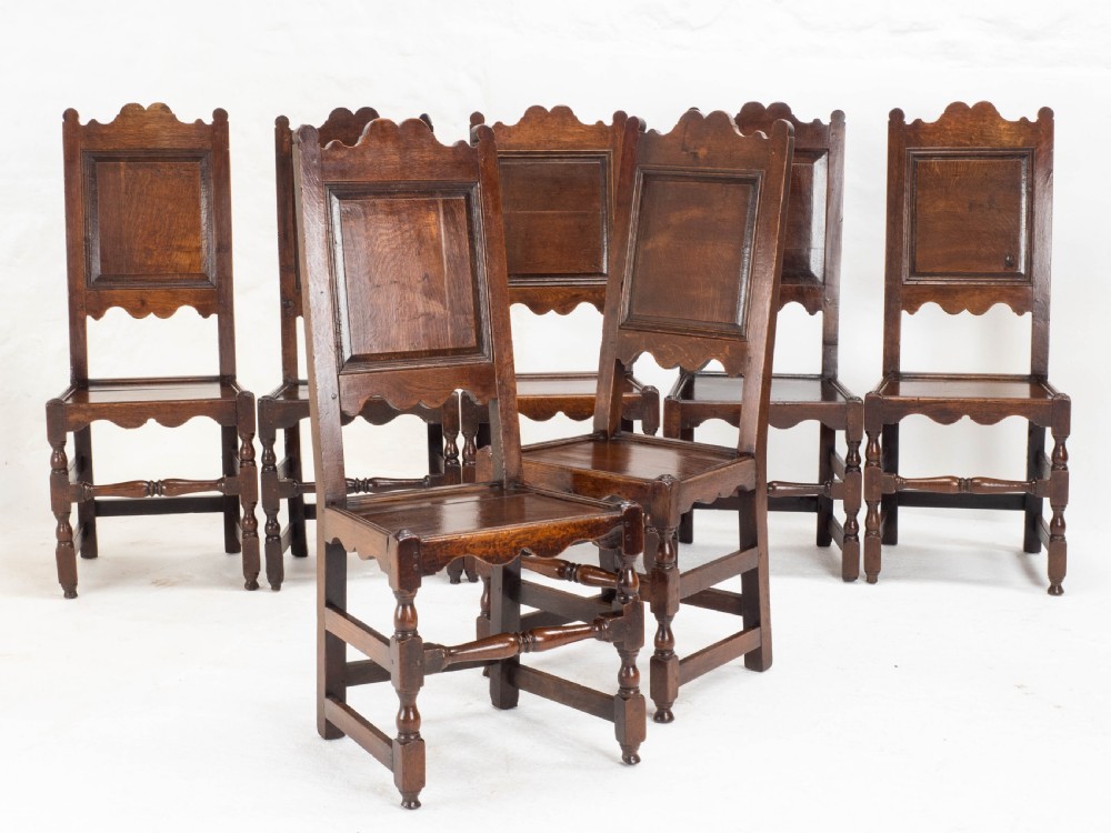 C17th Set of 7 Oak High Back Dining Chairs (6 + 1 Jacobean Carolean Back Stool) View IX