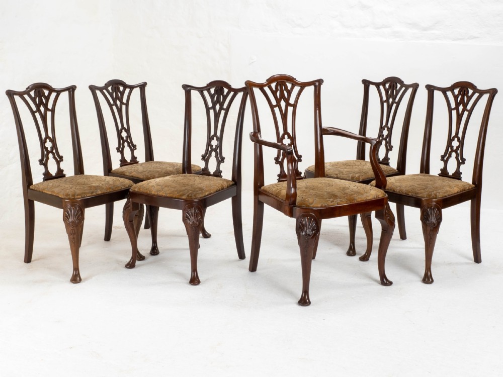 Chippendale Revival Edwardian Mahogany Set of 6 Dining Chairs & Carvers