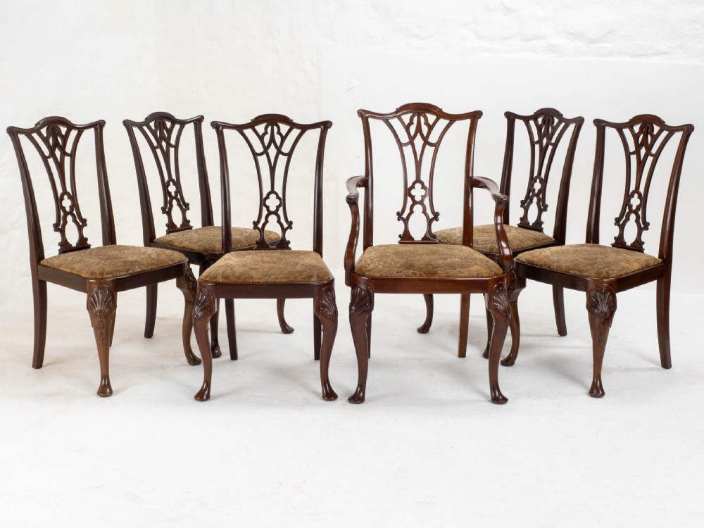 Chippendale Revival Edwardian Mahogany Set of 6 Dining Chairs & Carvers View III