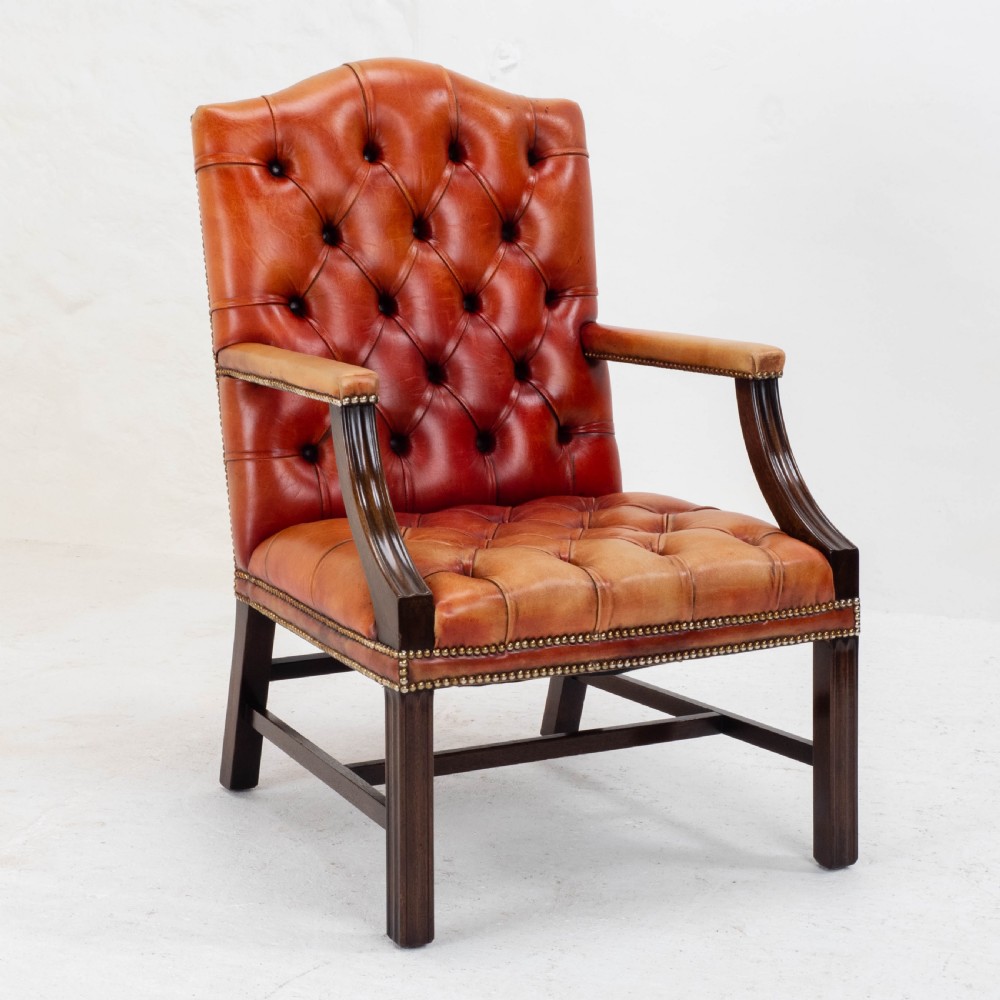 George II Style Gainsborough Oxblood Red Leather & Mahogany Armchair (Georgian) View II