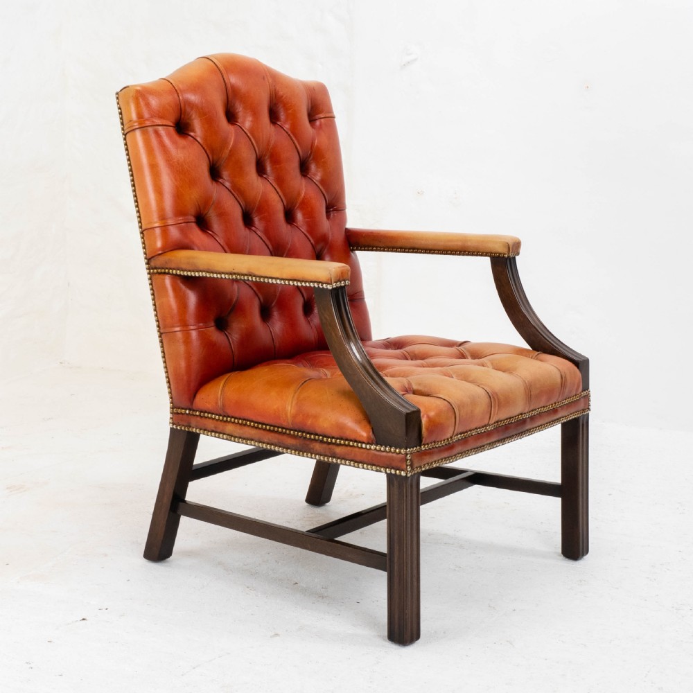 George II Style Gainsborough Oxblood Red Leather & Mahogany Armchair (Georgian) View X