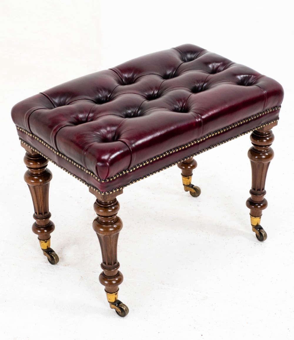 A Leather & Walnut Gillows-esque Stool with Cope & Collinson Castors Mid C19th