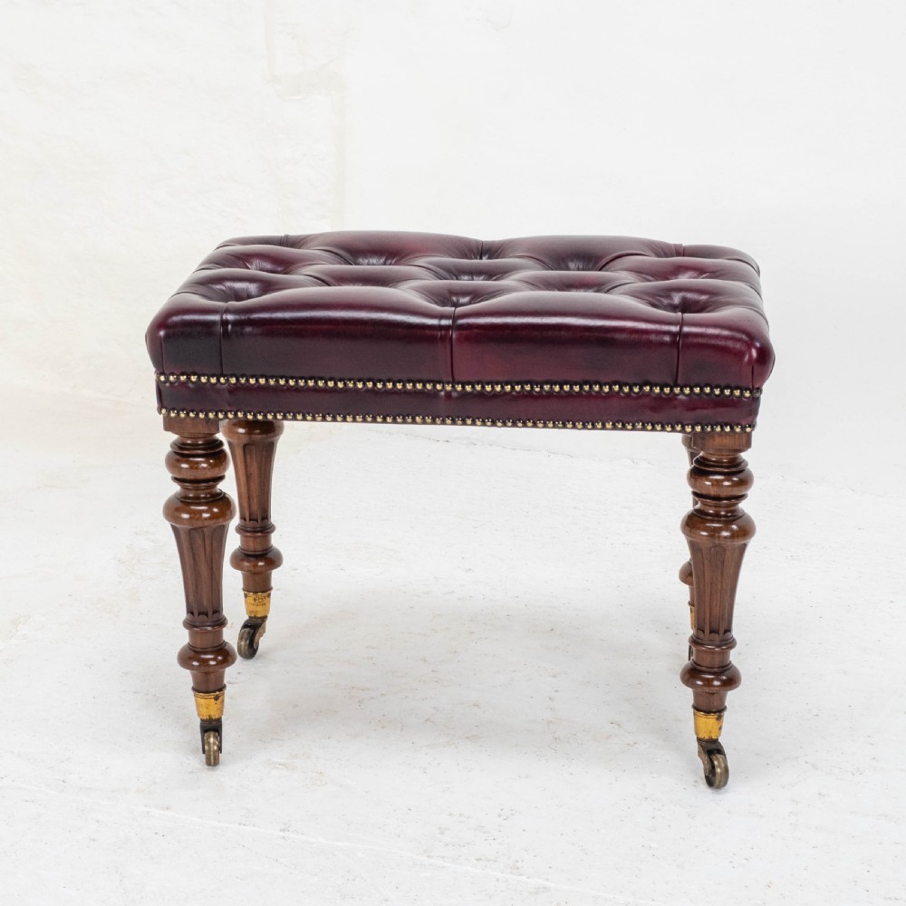 A Leather & Walnut Gillows-esque Stool with Cope & Collinson Castors Mid C19th View II