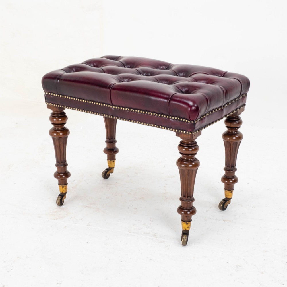 A Leather & Walnut Gillows-esque Stool with Cope & Collinson Castors Mid C19th View III
