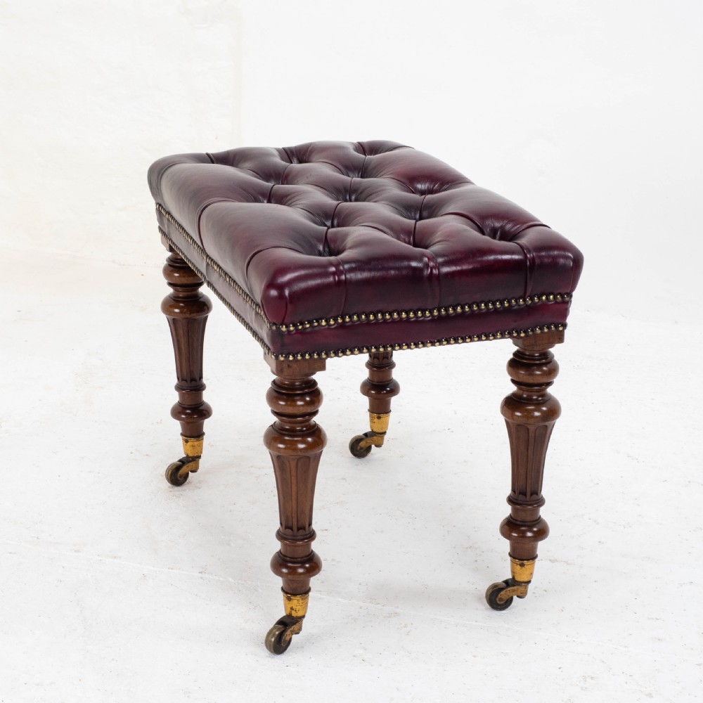 A Leather & Walnut Gillows-esque Stool with Cope & Collinson Castors Mid C19th View IV