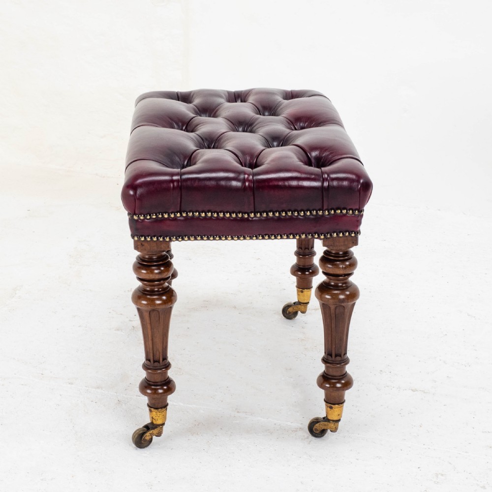 A Leather & Walnut Gillows-esque Stool with Cope & Collinson Castors Mid C19th View V