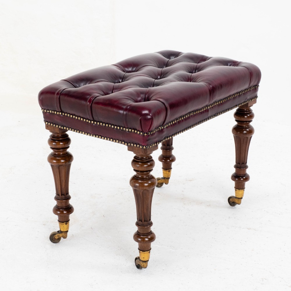 A Leather & Walnut Gillows-esque Stool with Cope & Collinson Castors Mid C19th View VI