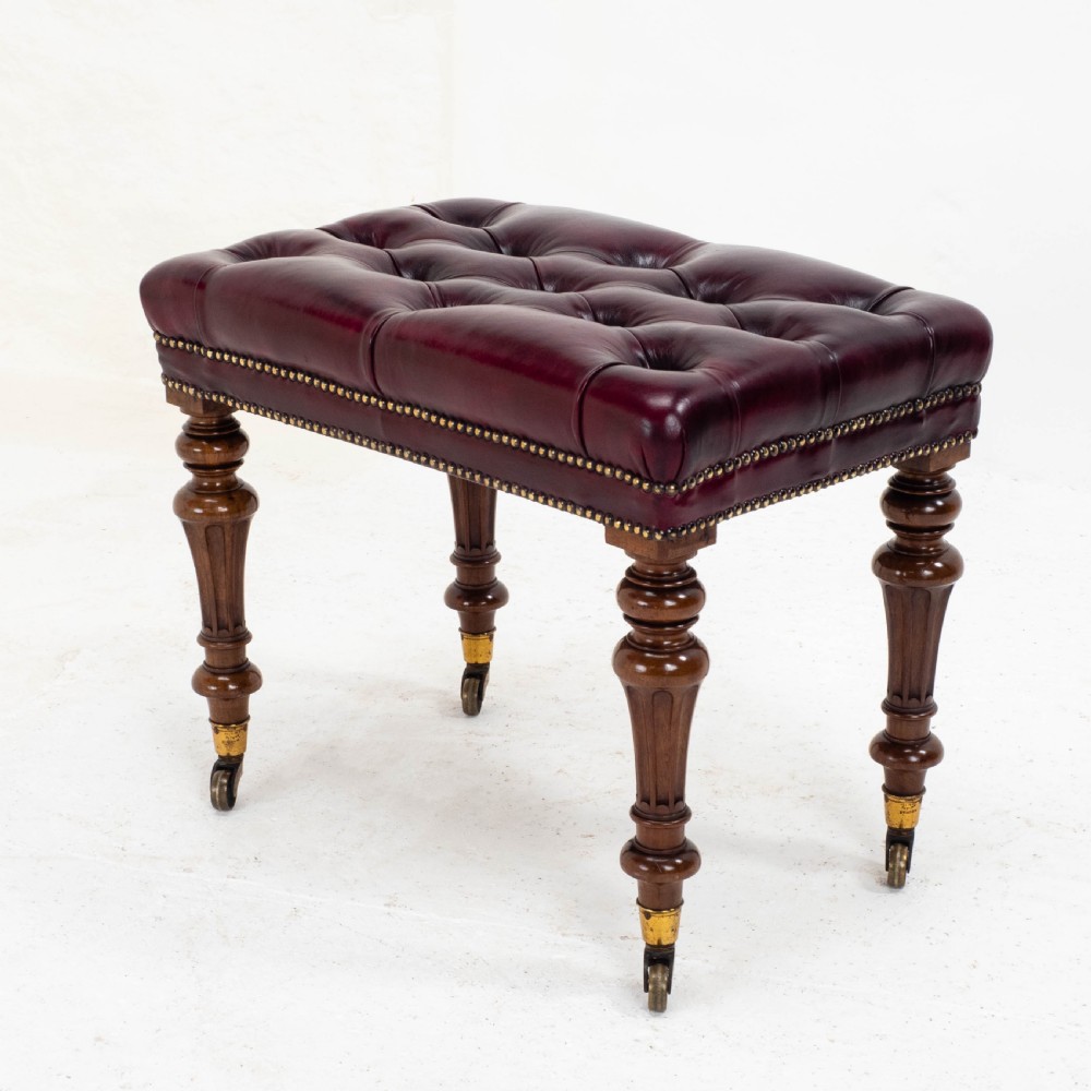 A Leather & Walnut Gillows-esque Stool with Cope & Collinson Castors Mid C19th View VII