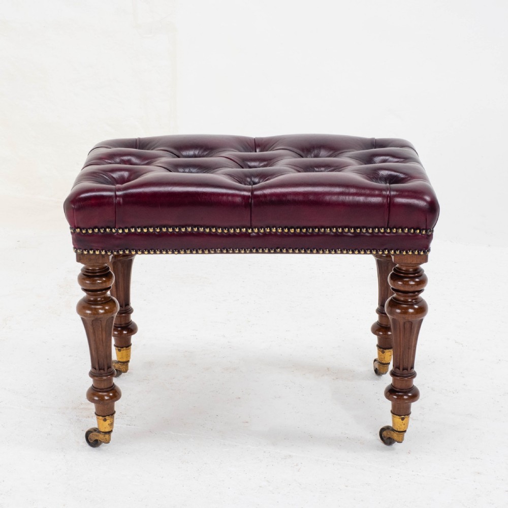 A Leather & Walnut Gillows-esque Stool with Cope & Collinson Castors Mid C19th View VIII