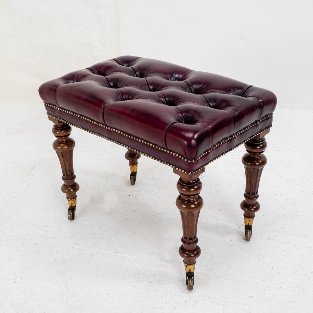 A Leather & Walnut Gillows-esque Stool with Cope & Collinson Castors Mid C19th View IX