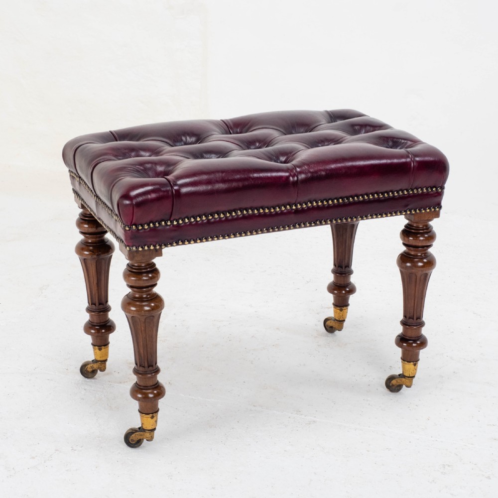 A Leather & Walnut Gillows-esque Stool with Cope & Collinson Castors Mid C19th View X