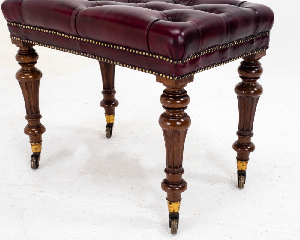 A Leather & Walnut Gillows-esque Stool with Cope & Collinson Castors Mid C19th View XI