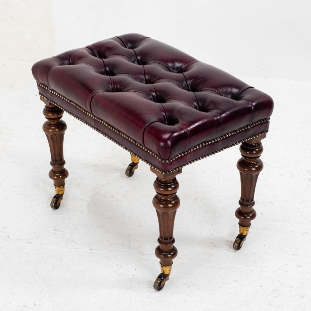 A Leather & Walnut Gillows-esque Stool with Cope & Collinson Castors Mid C19th View XV
