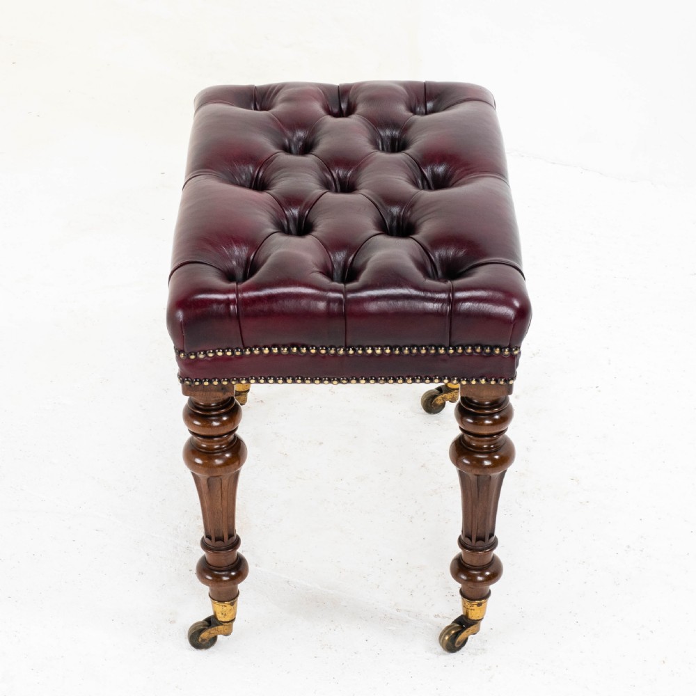 A Leather & Walnut Gillows-esque Stool with Cope & Collinson Castors Mid C19th View XVII