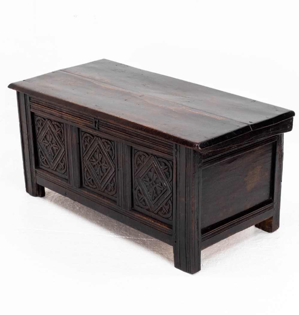 Charles II C17th Carved Oak Panelled Coffer w/ Solid Plank Lid C1675 (Carolean)