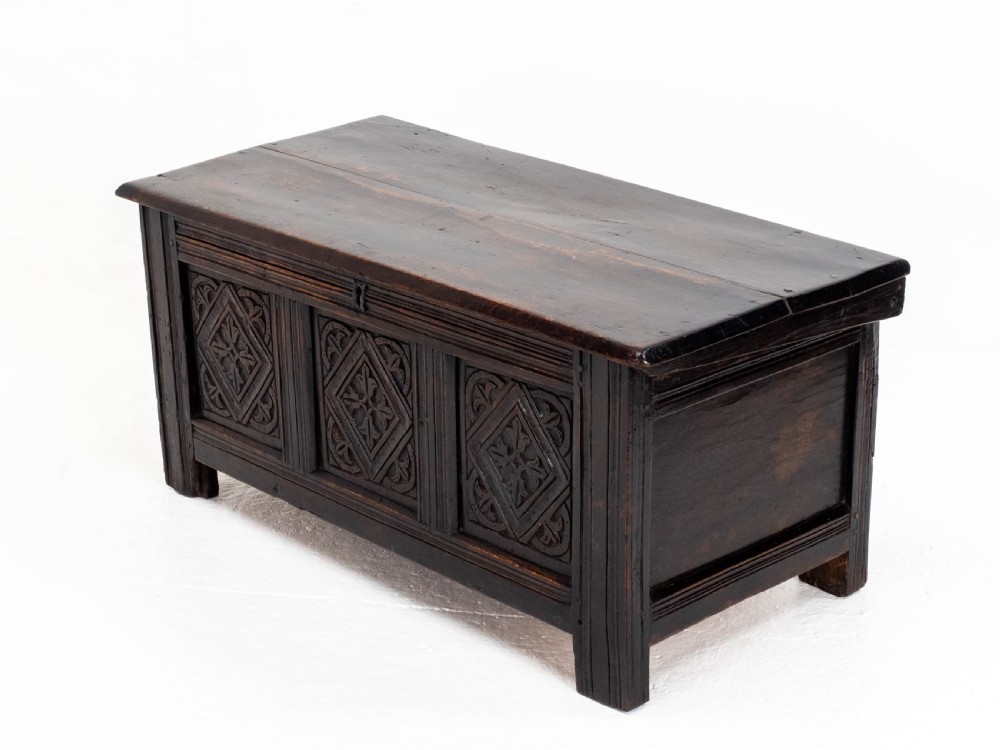 Charles II C17th Carved Oak Panelled Coffer w/ Solid Plank Lid C1675 (Carolean) View II