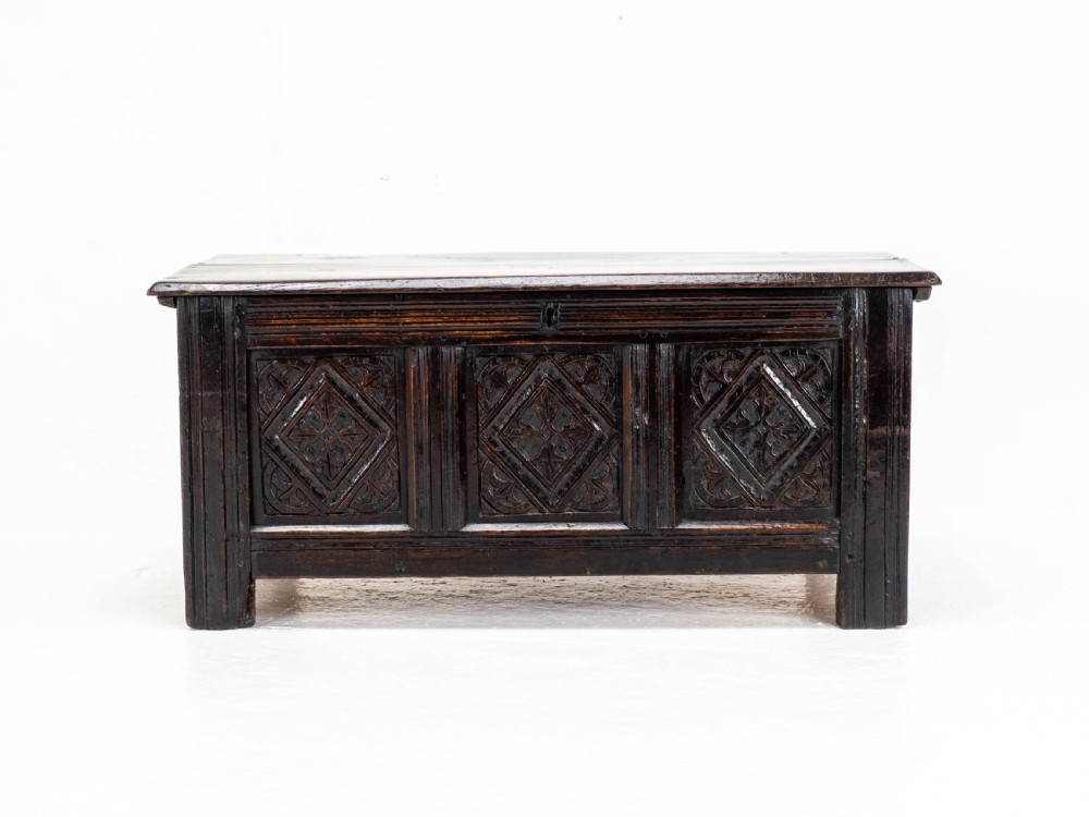 Charles II C17th Carved Oak Panelled Coffer w/ Solid Plank Lid C1675 (Carolean) View III