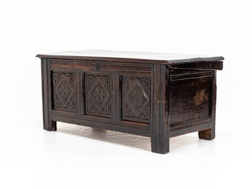 Charles II C17th Carved Oak Panelled Coffer w/ Solid Plank Lid C1675 (Carolean) View IV
