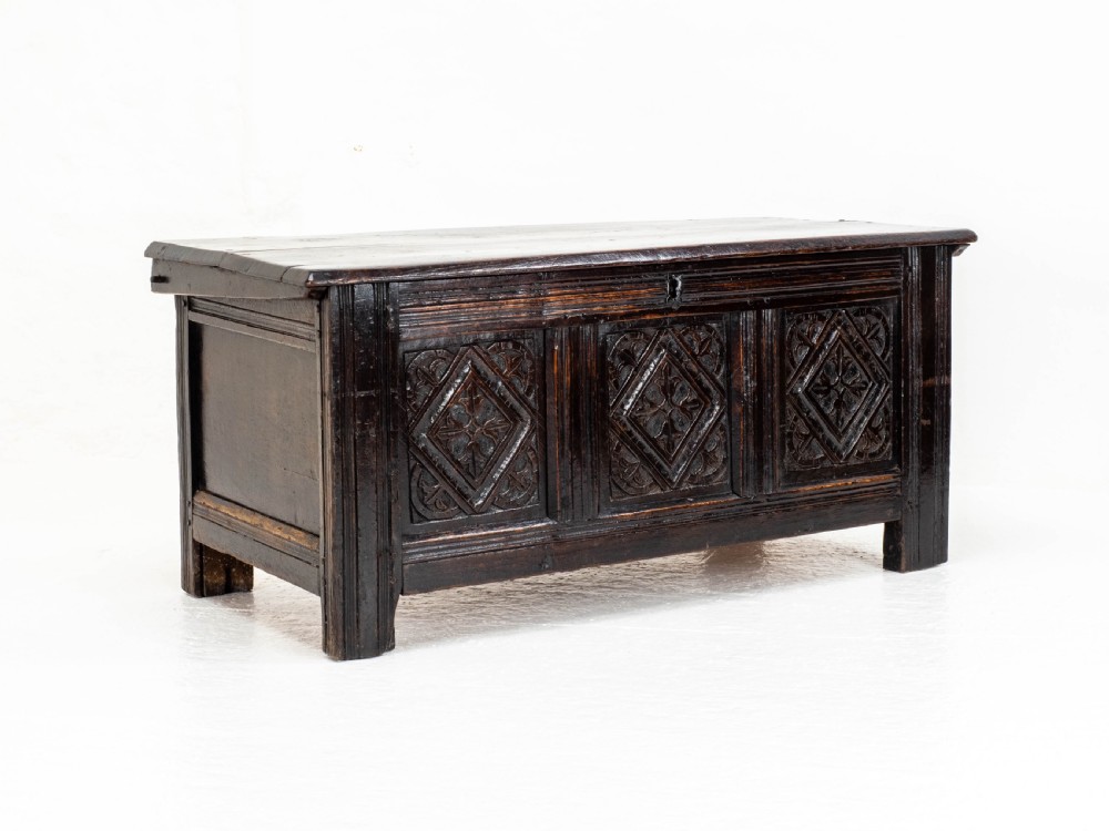 Charles II C17th Carved Oak Panelled Coffer w/ Solid Plank Lid C1675 (Carolean) View V
