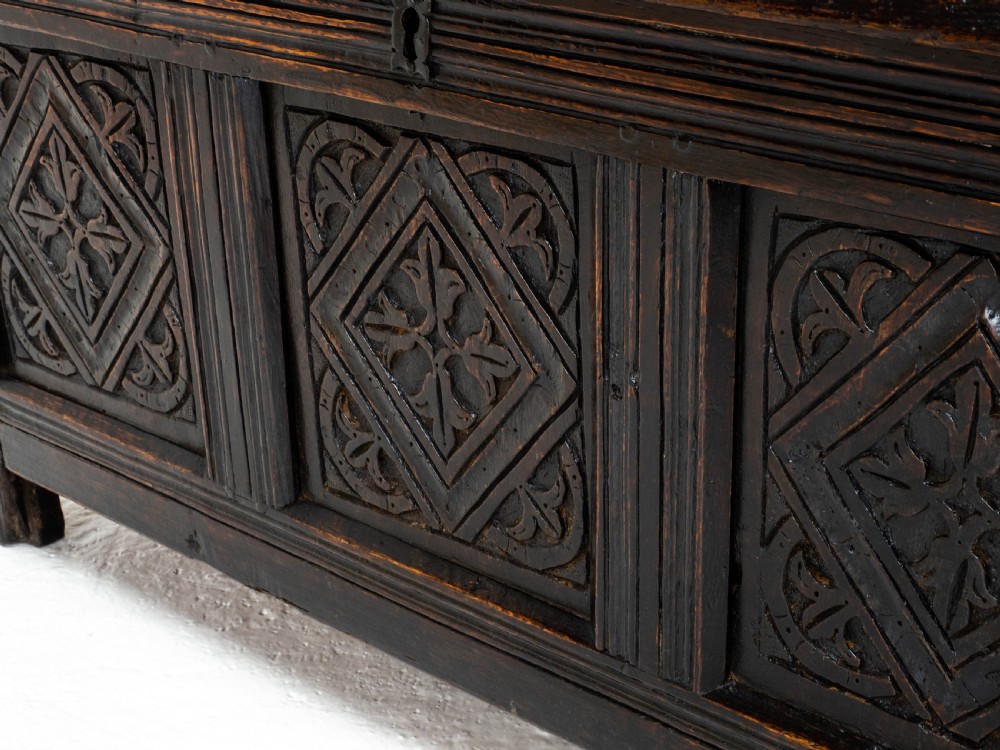 Charles II C17th Carved Oak Panelled Coffer w/ Solid Plank Lid C1675 (Carolean) View VI