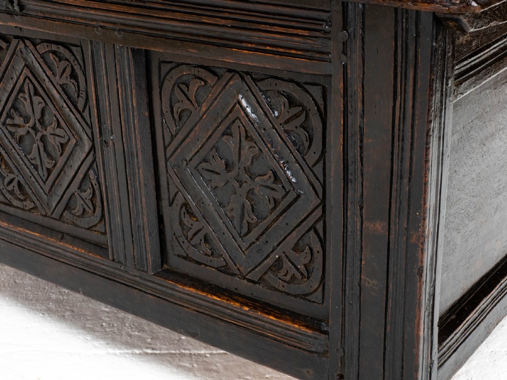 Charles II C17th Carved Oak Panelled Coffer w/ Solid Plank Lid C1675 (Carolean) View VII