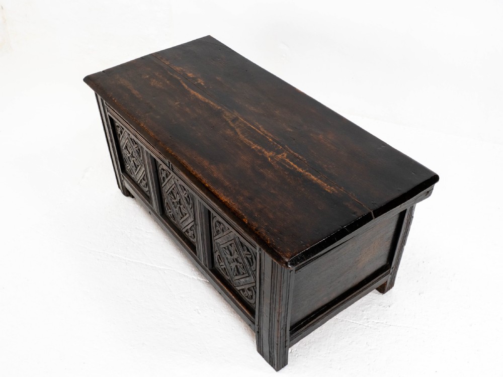 Charles II C17th Carved Oak Panelled Coffer w/ Solid Plank Lid C1675 (Carolean) View VIII