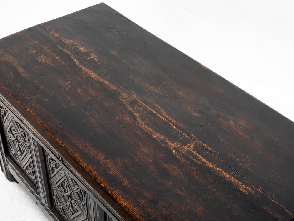 Charles II C17th Carved Oak Panelled Coffer w/ Solid Plank Lid C1675 (Carolean) View IX