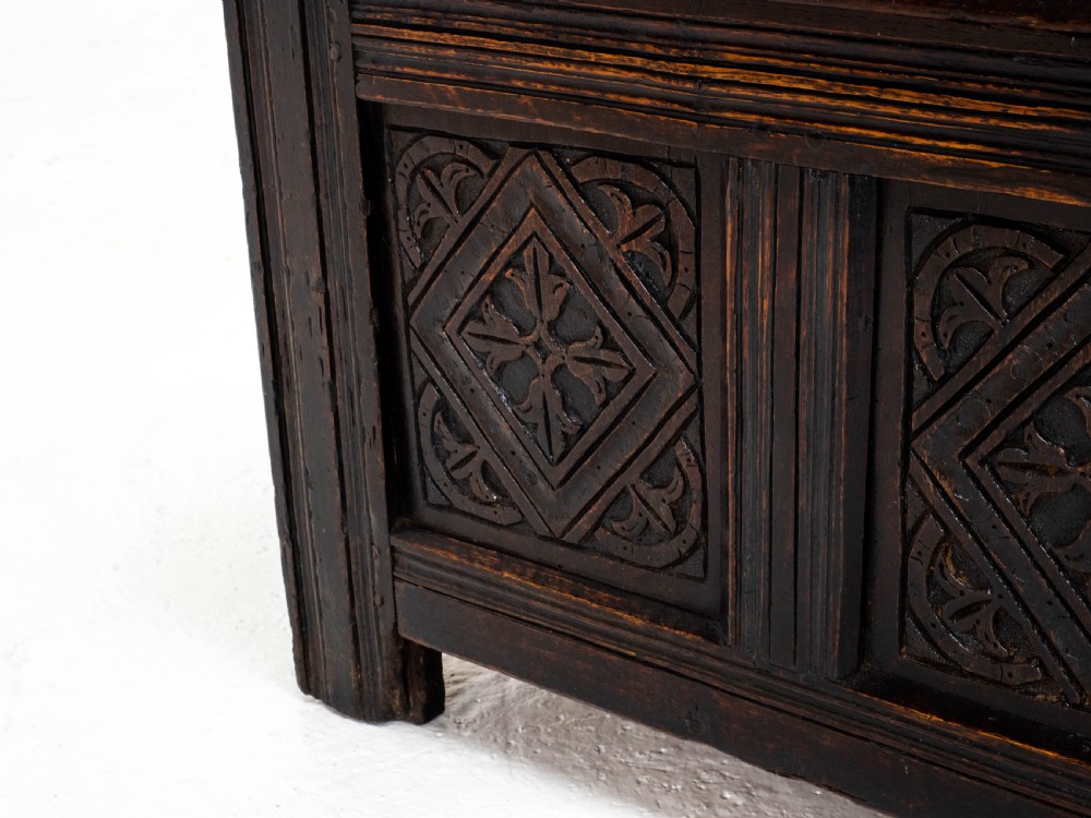 Charles II C17th Carved Oak Panelled Coffer w/ Solid Plank Lid C1675 (Carolean) View X