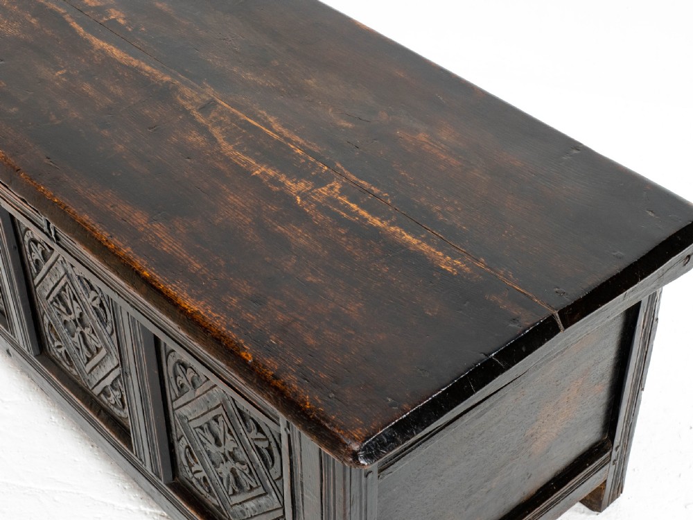 Charles II C17th Carved Oak Panelled Coffer w/ Solid Plank Lid C1675 (Carolean) View XI