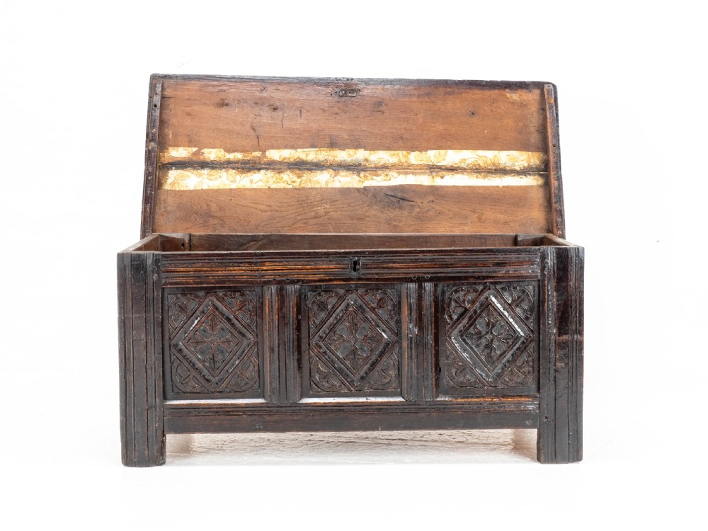 Charles II C17th Carved Oak Panelled Coffer w/ Solid Plank Lid C1675 (Carolean) View XII