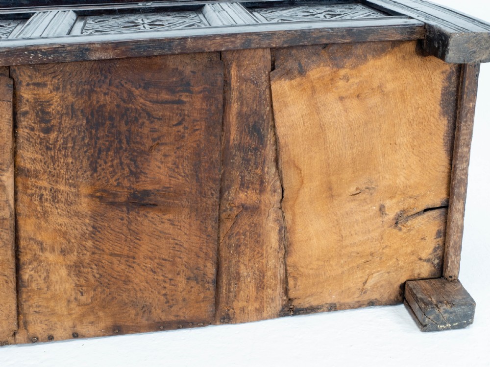 Charles II C17th Carved Oak Panelled Coffer w/ Solid Plank Lid C1675 (Carolean) View XVII