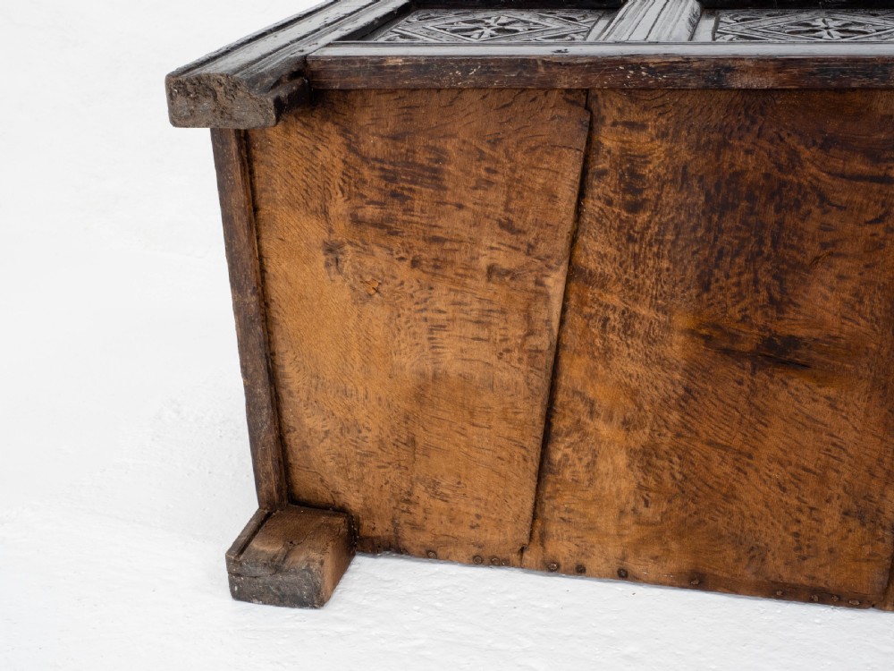 Charles II C17th Carved Oak Panelled Coffer w/ Solid Plank Lid C1675 (Carolean) View XVIII
