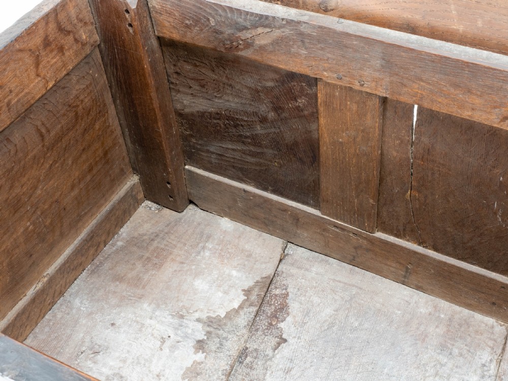 Charles II C17th Carved Oak Panelled Coffer w/ Solid Plank Lid C1675 (Carolean) View XX