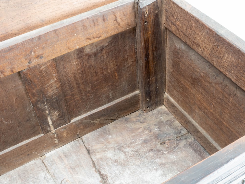 Charles II C17th Carved Oak Panelled Coffer w/ Solid Plank Lid C1675 (Carolean) View XXI