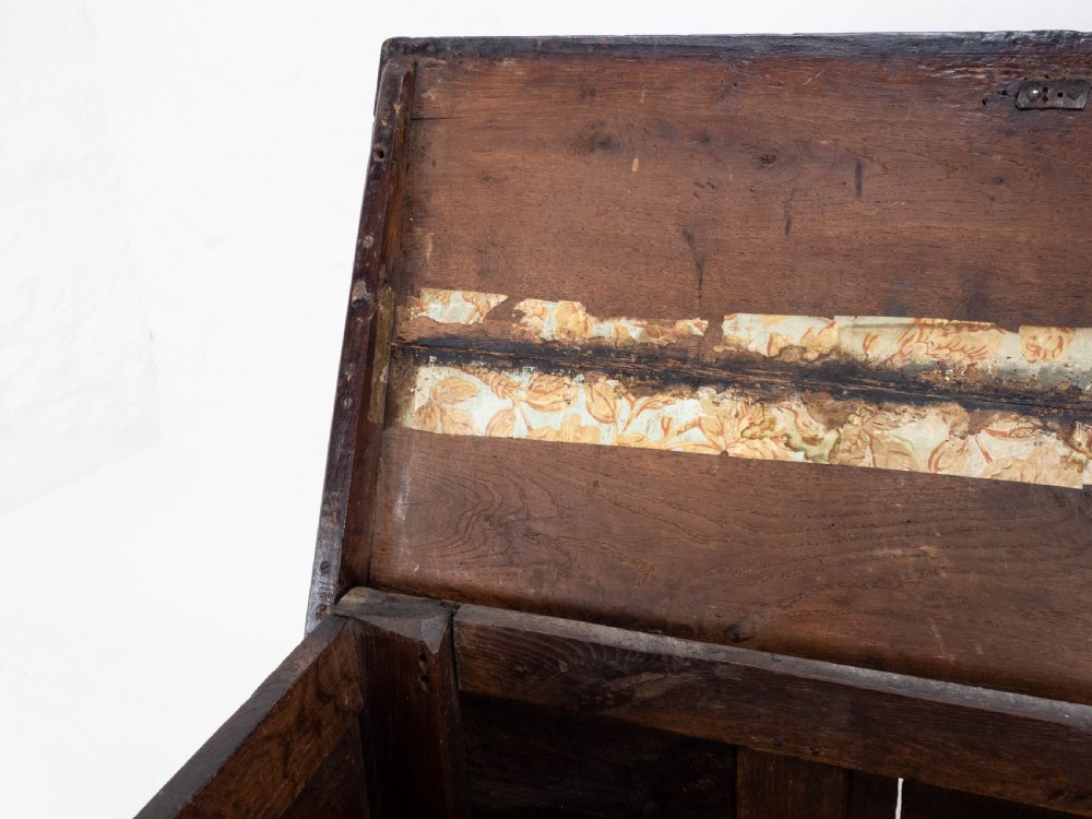 Charles II C17th Carved Oak Panelled Coffer w/ Solid Plank Lid C1675 (Carolean) View XXII