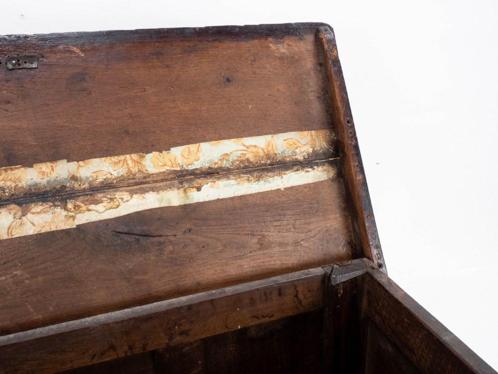 Charles II C17th Carved Oak Panelled Coffer w/ Solid Plank Lid C1675 (Carolean) View XXIII