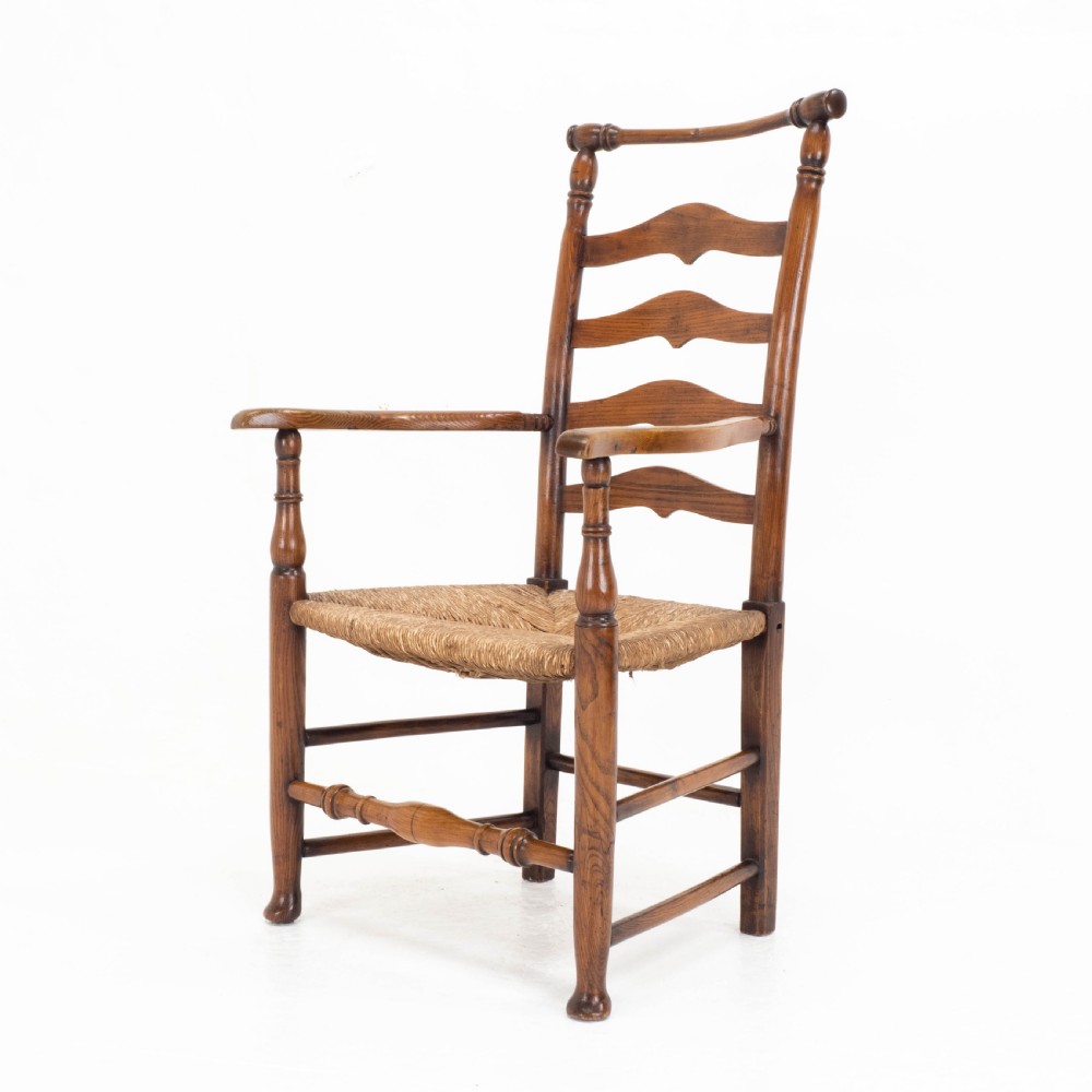 C19th Macclesfield Elm & Ash Country Ladderback Rush Seat Carver Armchair View III