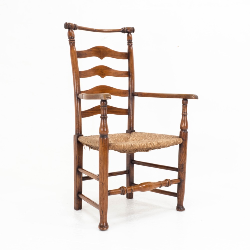 C19th Macclesfield Elm & Ash Country Ladderback Rush Seat Carver Armchair View IV